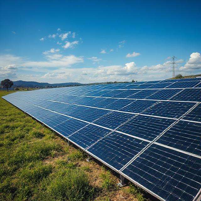 Rows of ground-mounted solar panels at a solar farm
