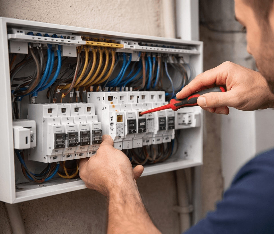 Electrician wiring a consumer unit during an electrical installation in Crawley